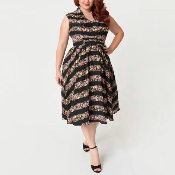 Unique Vintage Dresses & Skirts - NWT Unique Vintage Floral Striped Swing Dress 4XL